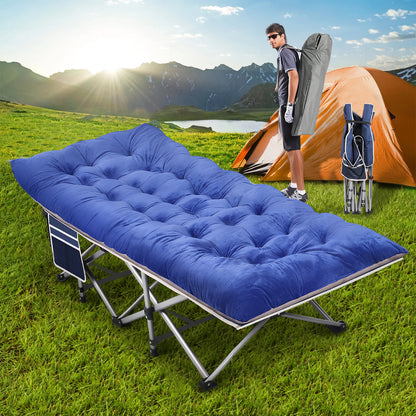 Qunler Folding Camping Cot for Adults, 75"* 28" Portable Guest Bed with 4 Inch Double-Sided Velvet Mattress, 600lbs Loading Sleeping Cot with Carry Bags for Hiking Home Office and Vacation, Blue