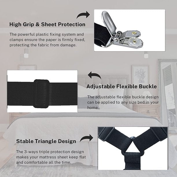 6 Sides Bed Sheet Holder Straps, Adjustable Bed Sheet Clips, Triangle Heavy Duty Long Crisscross Sheet Straps, Fitted Sheet Clips for Round/Square, King/Queen Any Size