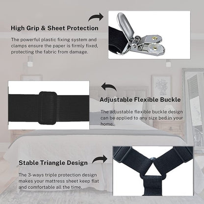 6 Sides Bed Sheet Holder Straps, Adjustable Bed Sheet Clips, Triangle Heavy Duty Long Crisscross Sheet Straps, Fitted Sheet Clips for Round/Square, King/Queen Any Size