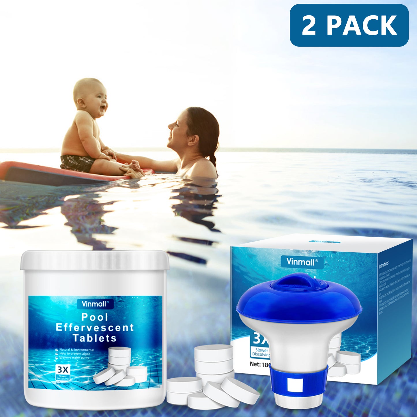 Chlorine Tablets for Swimming Pool with 5 and 1/2" Chlorine Floating Dispenser, 360 Pcs