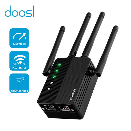 WiFi Extender, 1200Mbps Signal Booster Cover up to 2500 sq.ft, 2.4 & 5GHz Dual Band WiFi Extender with Ethernet Port, 4 Antennas 360° Full Coverage Internet Amplifier for Smart Home Devices