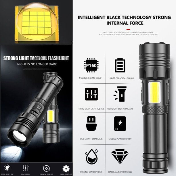 10000 Lumens Tactical Flashlight,Rechargeable Waterproof Searchlight XHP70 Super Bright Handheld Led Flashlight Tactical Flashlight 22650 Battery USB Zoom Torch for Emergency Hiking Hunting Camping