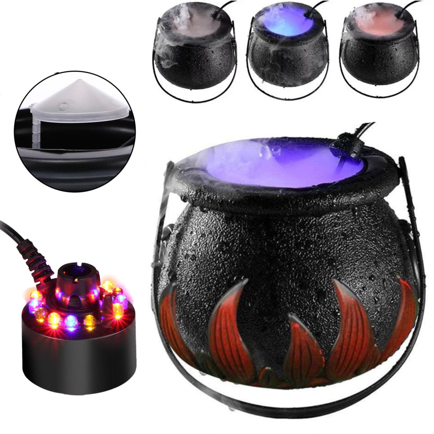 iFanze Halloween Witch Pot Fogger Machine, Halloween Party Mist Maker with 12 Color-Changing LED Lights, Ideal for Halloween Decoration, 2 Pots Included, Black