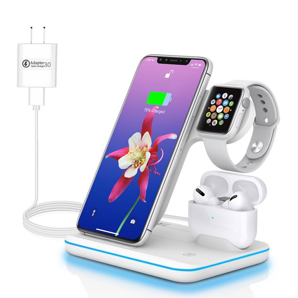 Doosl 3 in1 Wireless Charger Stand, Qi-Certified Fast Charging Station Compatible for iPhone 13/12/11 XS MAX Series Apple Watch Charger 6/5/4/3/2, AirPods Pro/Samsung/Android Qi-Enabled Devices