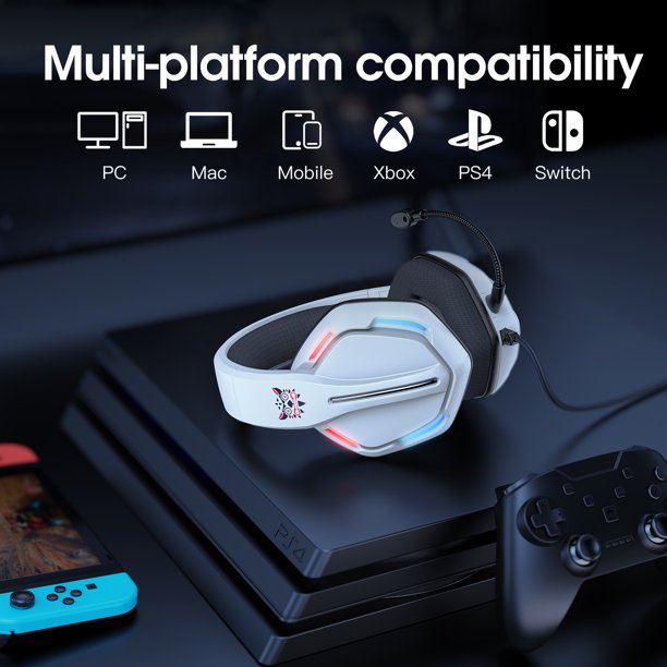 Gaming Headset, ONIKUMA K20 Stereo Bass Surround RGB Noise Cancelling Over Ear Gaming Headphones with Microphone, LED Light, for Xbox One Nintendo Switch PC PS3 PS4
