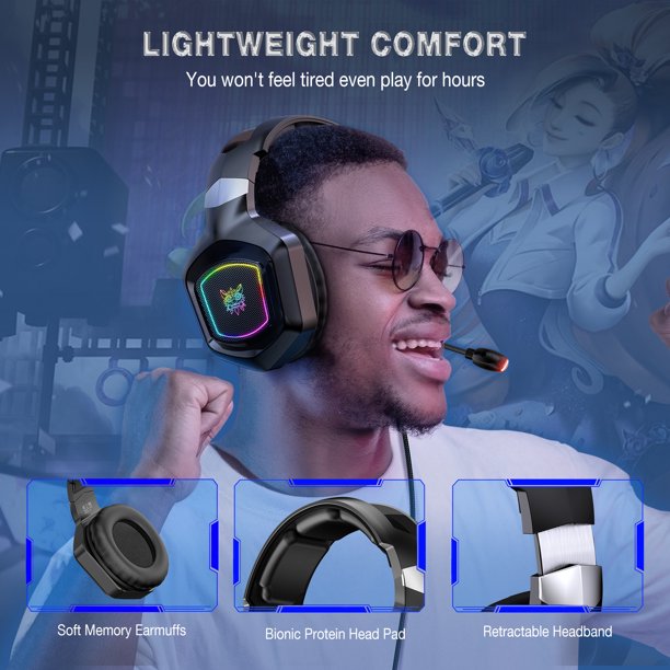 Stereo Gaming Headset for PS4 PC Xbox One PS5 Controller, Noise Cancelling Over Ear Headphones with Mic LED Light Bass Surround Soft Memory Earmuffs for Laptop Mac Nintendo NES Games