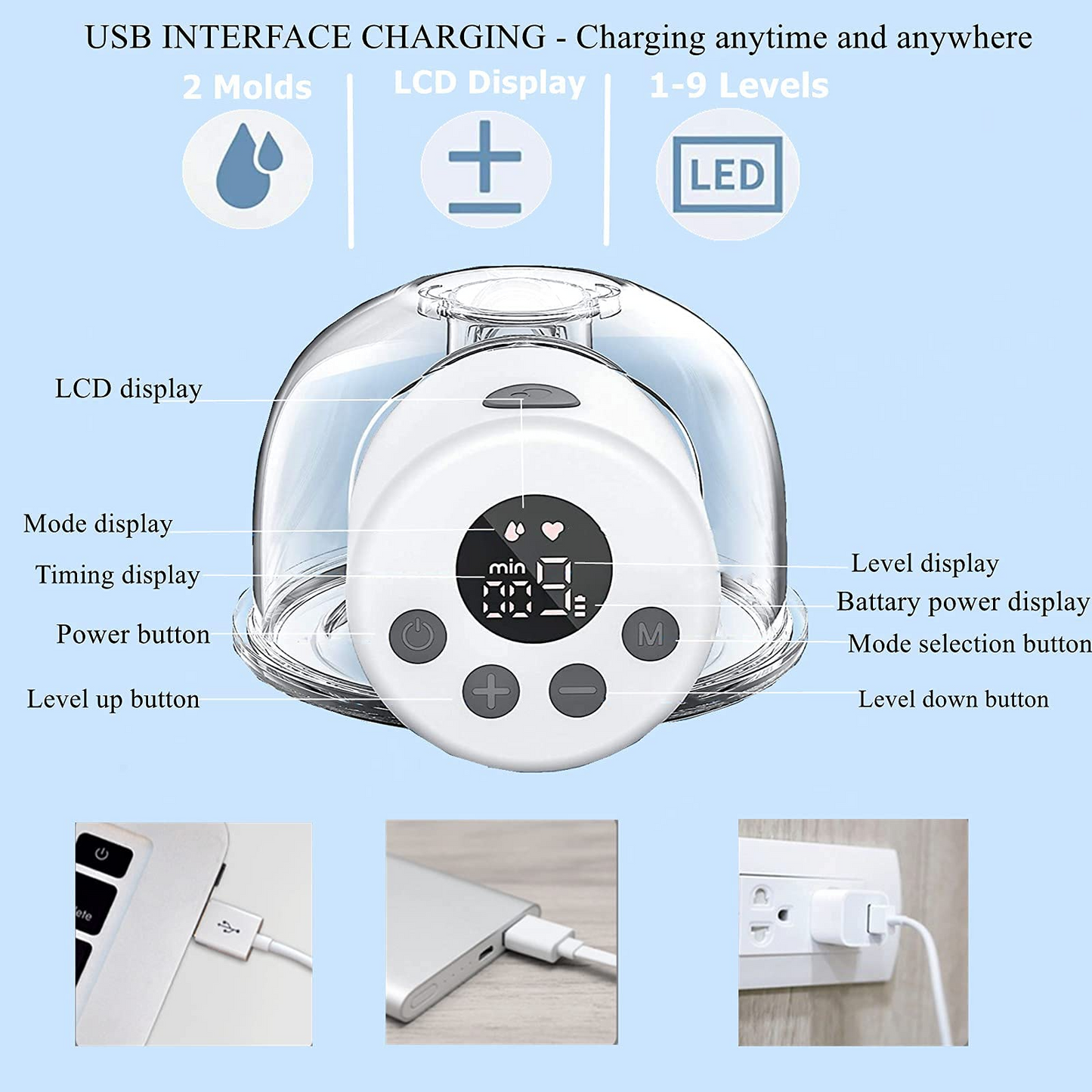 Electric Breast Pump Wearable Breastfeeding Pump with LCD Display, Wireless Portable Milk Extractor Rechargeable Hands-Free Breastpump (Single)