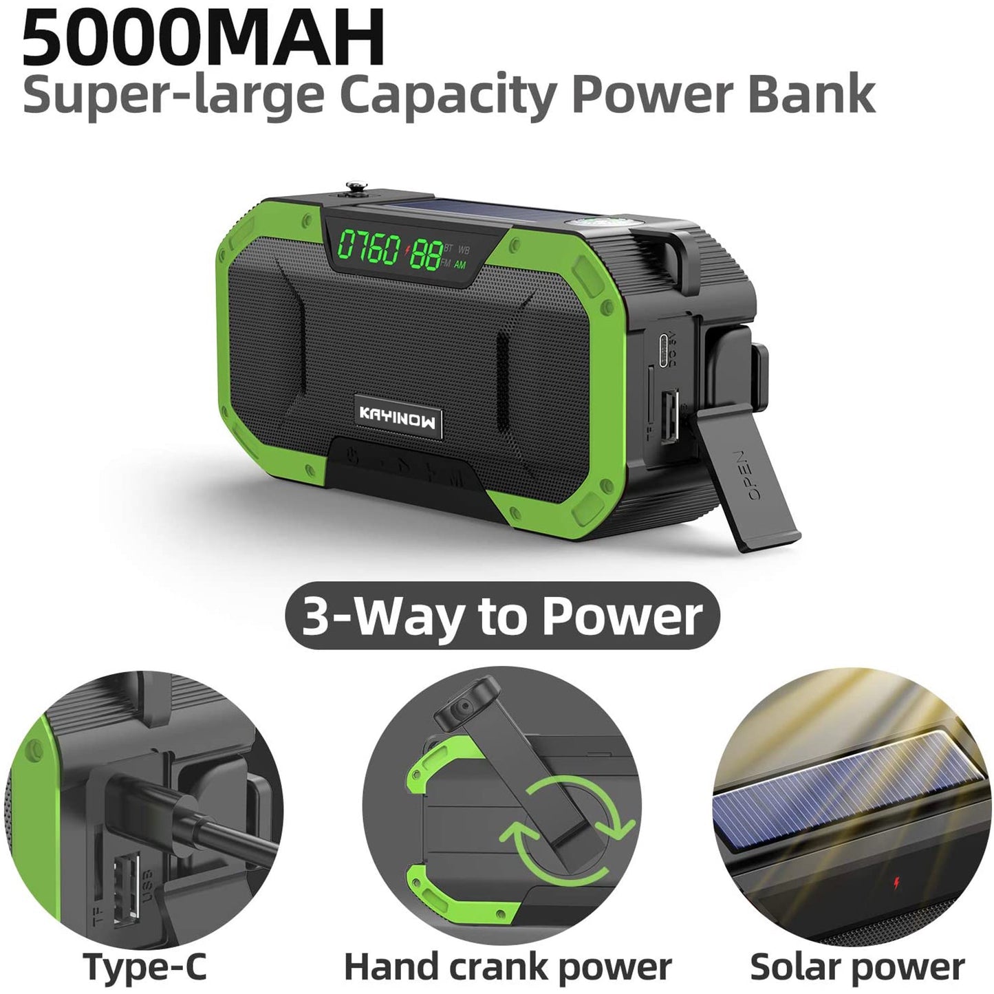 Emergency Bluetoooth Radio Speaker, Emossie 5000mAh Portable NOAA Weather Radio with SOS Alarm, Hand Crank Flashlight Solar Radio