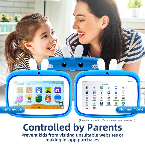 7 inch Kids Tablet, Android 11 Tablet for Kids, 2GB+32GB, WiFi Bluetooth Tablet PC, Toddlers Children Kids Learning Tablet, IPS Screen, Parental Control, Cute Rabbit Kid-Proof Case, Blue