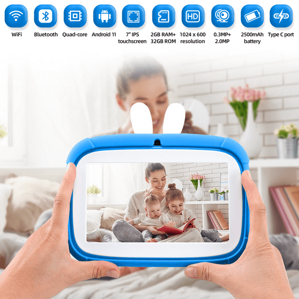 7 inch Kids Tablet, Android 11 Tablet for Kids, 2GB+32GB, WiFi Bluetooth Tablet PC, Toddlers Children Kids Learning Tablet, IPS Screen, Parental Control, Kid-Proof Case, Blue