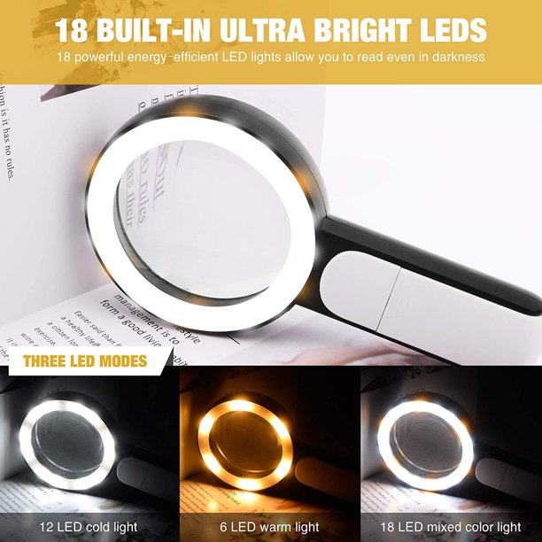 Vinmall Hold Held Magnifying Glasses 30X with Light for Reading Magnifying Aids for Seniors 3.15 inch Magnifier Glass Black