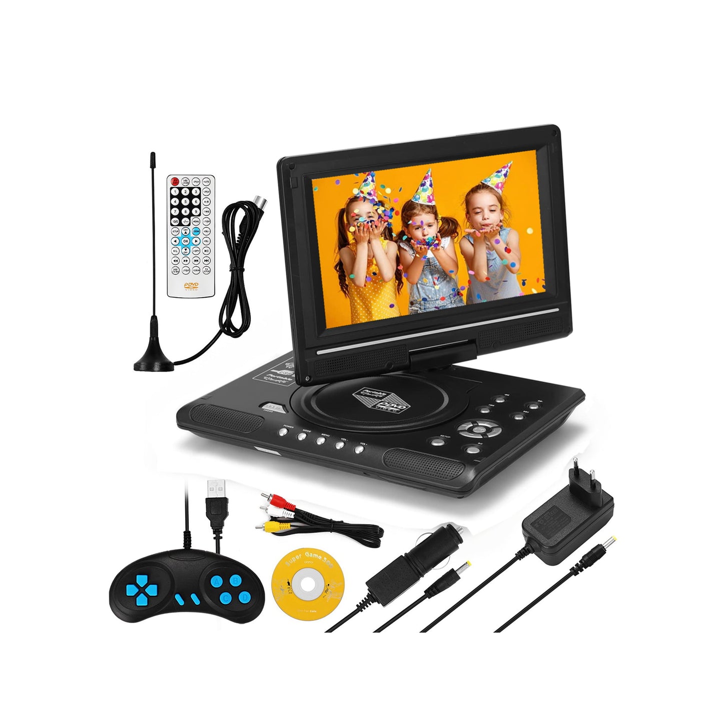 Qunler Portable DVD Player with 8.5" HD Swivel Screen and Remote Control, Support FM Radio, Black