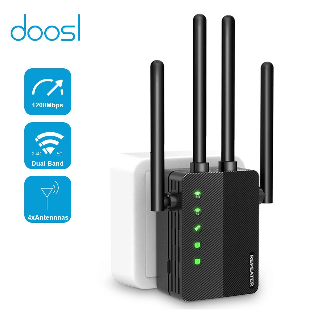 Doosl WiFi Range Extender, 1200Mbps Signal Booster Repeater Cover up to 2500 sq.ft, 2.4 & 5GHz Dual Band WiFi Extender, 4 Antennas 360 Full Coverage Wireless Internet Amplifier for Smart Home Devices