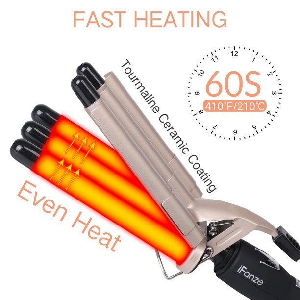 iFanze 3 Barrel Curling Iron Wand, 1" Tourmaline Ceramic Multi Functional 3 Barrel Waver Crimper Hair Iron with LCD Temperature Display, Travel Size, Beige