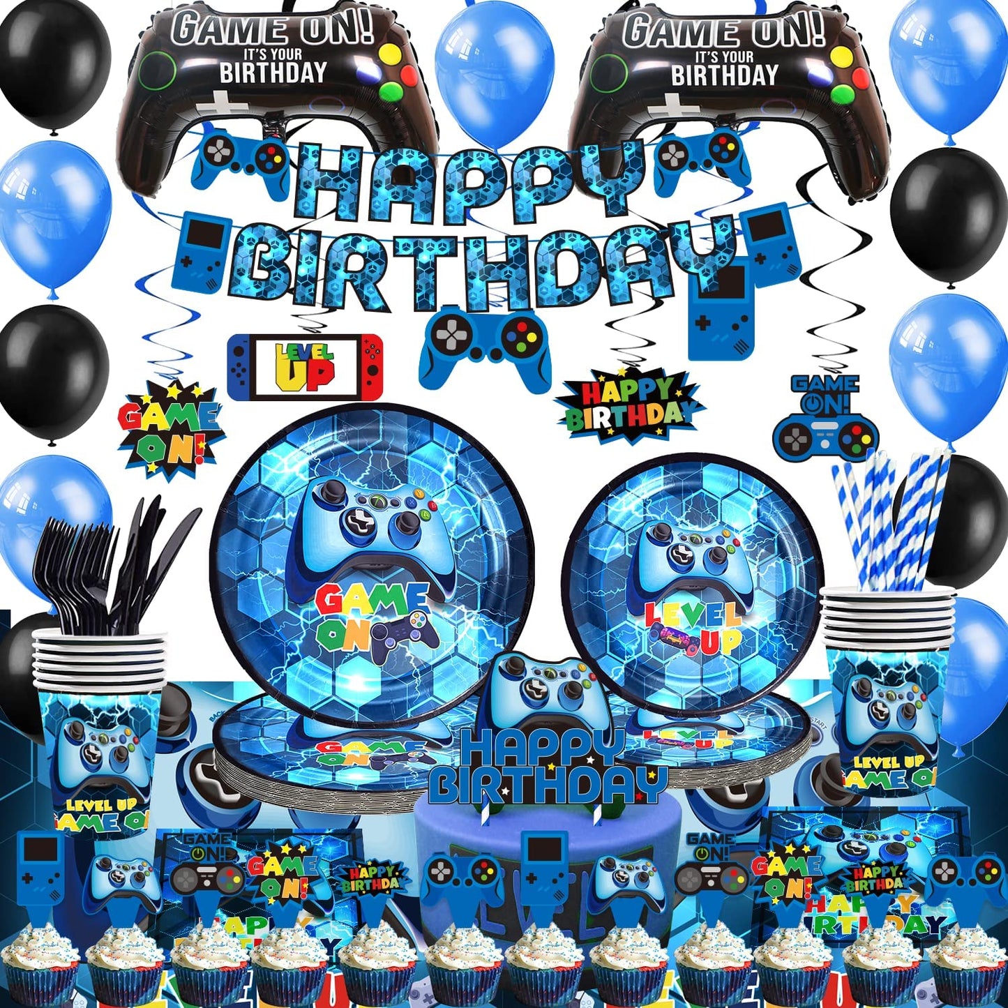 181pcs Video Gaming Party Decorations Set Including Banner Plates Cups Napkins Tablecloth Video Game Birthday Party Supplies for boys (Blue)