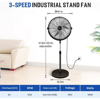 Melliful 18 Inch Pedestal Standing Fan, High Velocity, Heavy Duty Metal For Industrial, Commercial, Residential, Greenhouse Use, Black