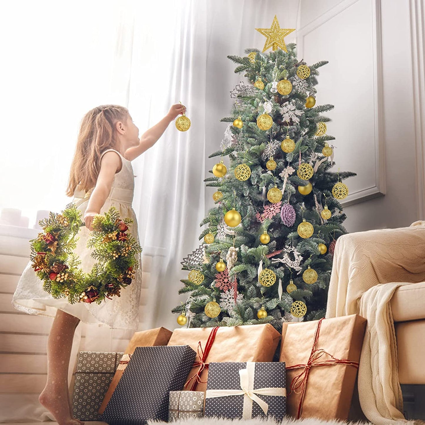 101 Pcs Christmas Balls Tree Ornaments, Shatterproof Christmas Tree Balls Decorations Set, Star Topper Baubles Hanging Ornaments for Holiday Xmas Tree Decor (Gold)