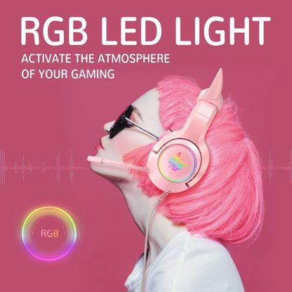 ONIKUMA Pink Gaming Headsets with Removable Cat Ears, Compatible with PC PS4 PS5 Xbox One Mobile Phones,Gaming Headphones with Surround Sound, RGB Backlight & Noise Canceling Retractable Microphone