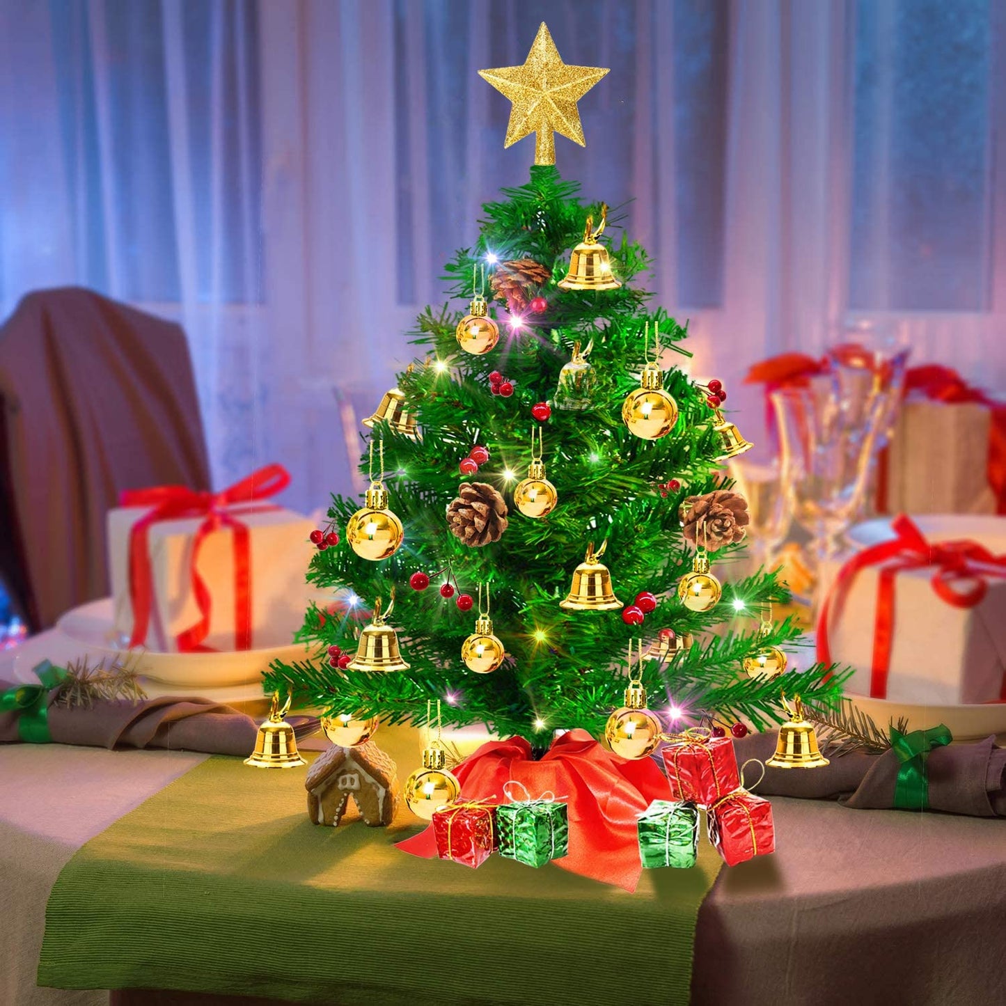 LAIGHTER 20" Tabletop Mini Christmas Tree, Artificial Small Xmas Tree Decor DIY with 50 LED String Lights,Star Tree Topper, Holly Berries, Pine Cones Ornaments and Wooden Base for Holiday Season Decorations