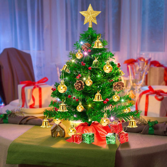 LAIGHTER 20" Tabletop Mini Christmas Tree, Artificial Small Xmas Tree Decor DIY with 50 LED String Lights,Star Tree Topper, Holly Berries, Pine Cones Ornaments and Wooden Base for Holiday Season Decorations