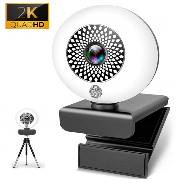 Doosl 2K Webcam, 2021 Newest Webcam with Noise Reduction Mic and Privacy Cover, USB Autofocus Camera with 3-Level Brightness Ring Light, Plug and Play, for Zoom Skype OBS YouTube Video Calling