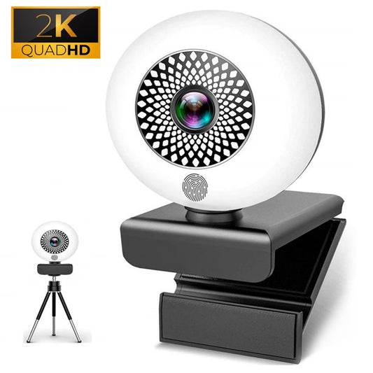 Doosl 2K Webcam, 2021 Newest Webcam with Noise Reduction Mic and Privacy Cover, USB Autofocus Camera with 3-Level Brightness Ring Light, Plug and Play, for Zoom Skype OBS YouTube Video Calling