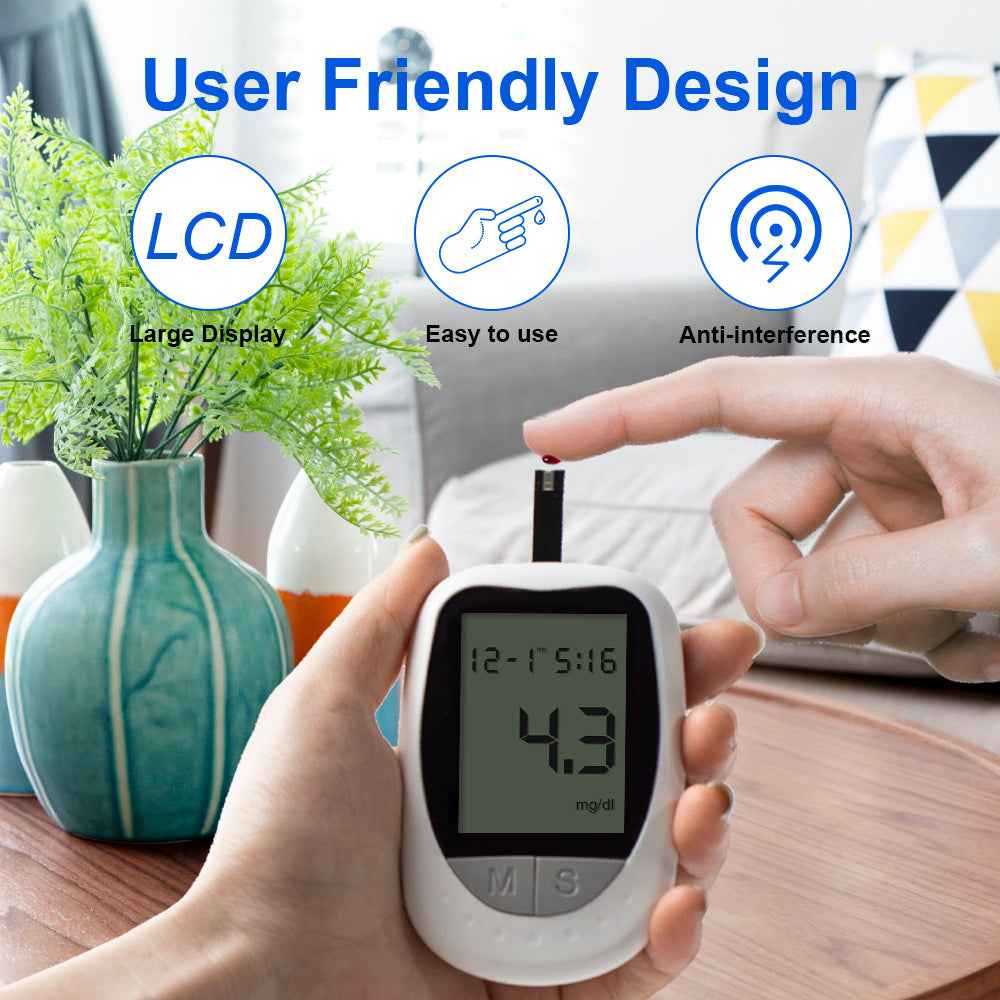 Blood Glucose Monitor Home Use Diabetes Testing Monitor Kit with 100 Glucometer Strips, 100 Lancets, Lancing Device, Carrying Case