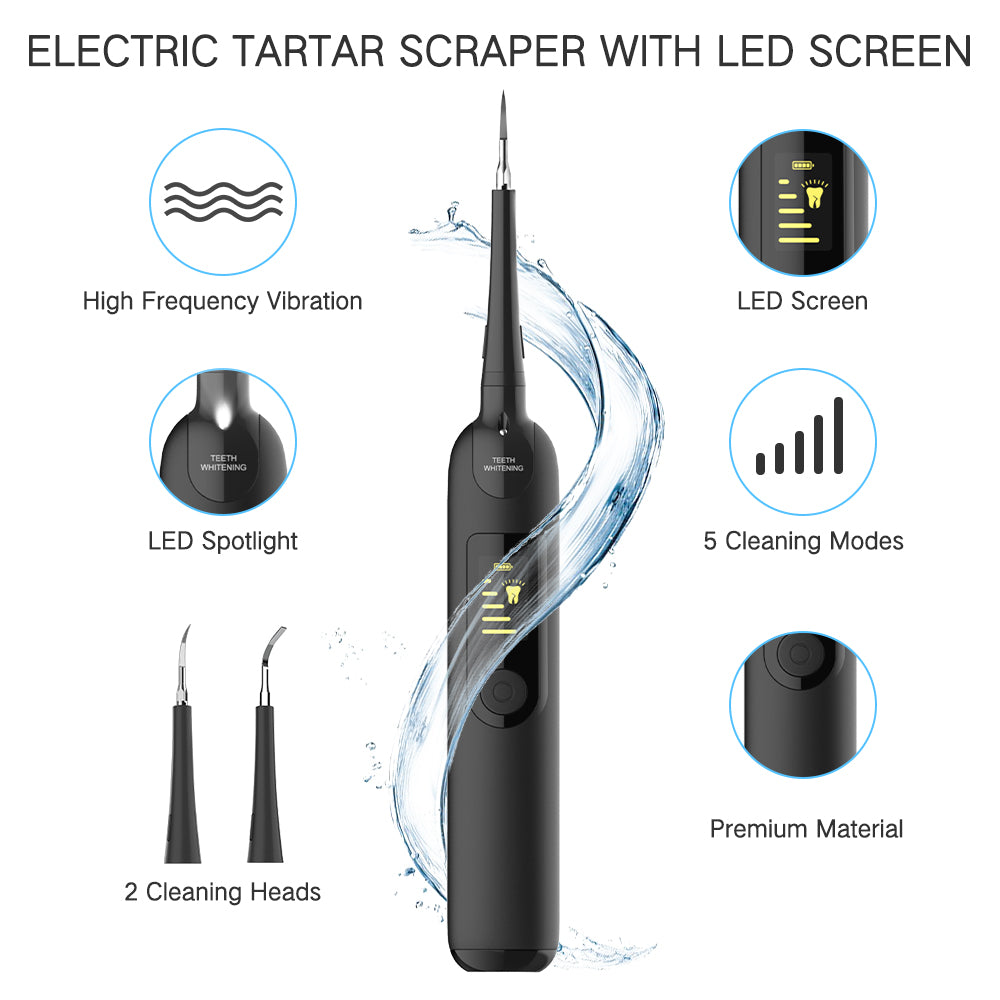 Electric Ultrasonic Dental Calculus Remover, Rechargeable Electric Tartar Scraper with LED Screen,High-Frequency Vibration Tooth Scraper Tartar Removal Cleaner Kit with 2 Clean Heads&Dental Mirror