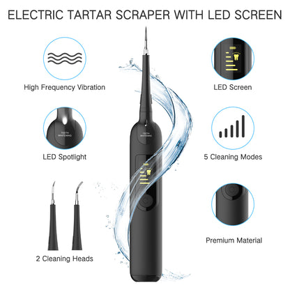 Electric Ultrasonic Dental Calculus Remover, Rechargeable Electric Tartar Scraper with LED Screen,High-Frequency Vibration Tooth Scraper Tartar Removal Cleaner Kit with 2 Clean Heads&Dental Mirror