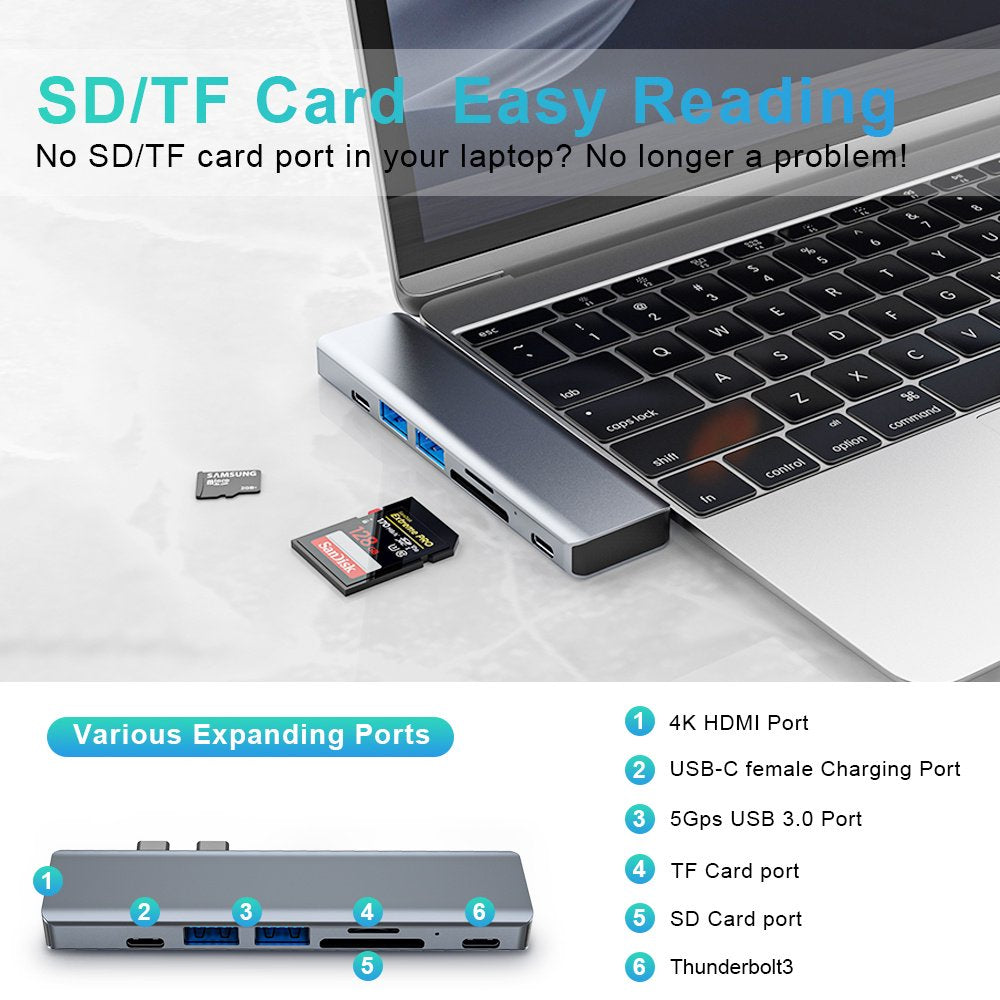 Doosl USB C Hub for MacBook, 7-in-1 Mini Docking Station with Thunderbolt 3 100W PD USB C Port, 4K HDMI, USB C and 2 USB A Data Ports, SD/TF Card Reader, Type C to USB Adapter for Mac Pro/Air, Gray