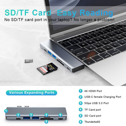 Doosl USB C Hub for MacBook, 7-in-1 Mini Docking Station with Thunderbolt 3 100W PD USB C Port, 4K HDMI, USB C and 2 USB A Data Ports, SD/TF Card Reader, Type C to USB Adapter for Mac Pro/Air, Gray