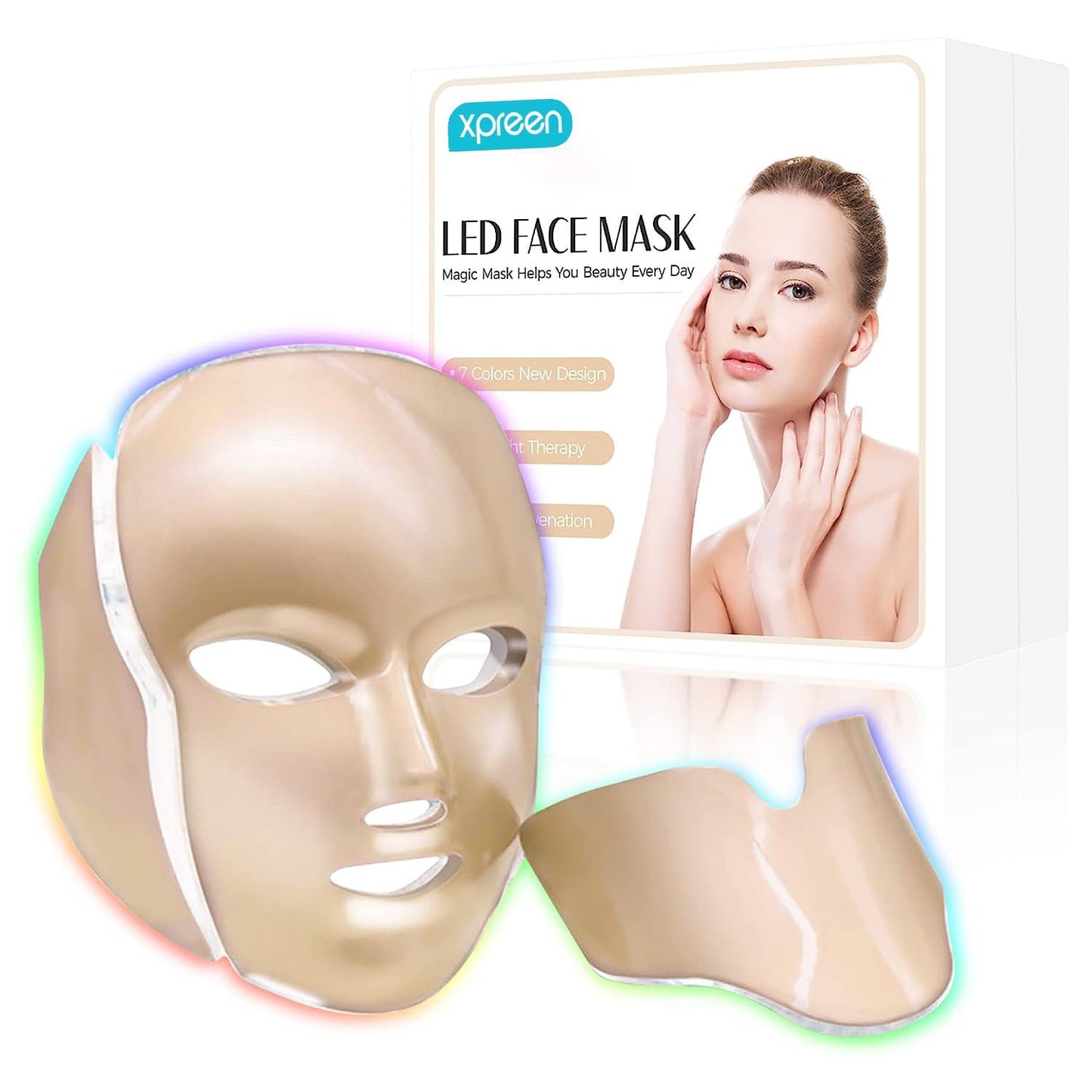 LED Face Mask Light Therapy, 7 Color LED Light Therapy Facial Skin Care Mask with Face and Neck, Blue Red Orange Light for Acne Photon Mask, Technology for Acne Reduction