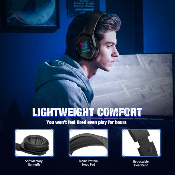 ONIKUMA Gaming Headset for PC, 7.1 Surround Stereo Sound RGB Over-ear Gaming Headphones with Noise Cancelling Mic for PS4 PS5 Xbox One Laptop Mac Nintendo NES Games
