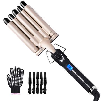 iFanze 3 Barrel Curling Iron Wand, 1" Tourmaline Ceramic Multi Functional 3 Barrel Waver Crimper Hair Iron with LCD Temperature Display, Travel Size, Beige