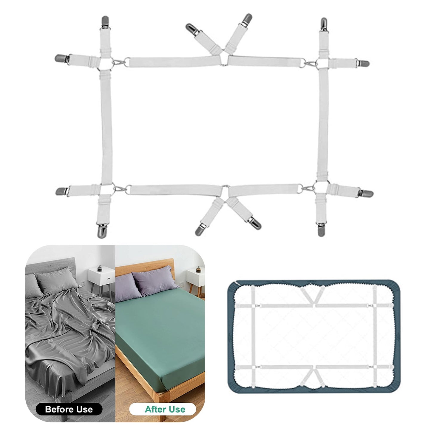 Bed Sheet Clips, iFanze Elastic Bed Sheet Holder Strap Adjustable Bed Sheet Fasteners, White