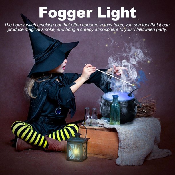 Halloween Smoke Machine with 12 LED Color Changing Cauldron Shape Witch Pot with Mist Maker Fogger Holiday Party Witch Jar Decoration Prop