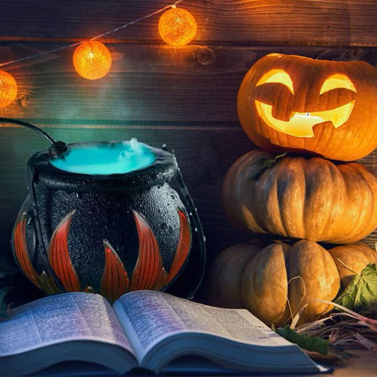 Witches Cauldron Halloween Witch Pot Candy Holder Mist Maker Fogger with Changing LED Light
