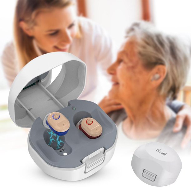 Doosl Hearing Aids for Seniors, Rechargeable Hearing Aid with Magnetic Contact Charging Box, Mini Digital Amplifier Hearing Devices for Seniors and Adults, Blue & Red, Pair