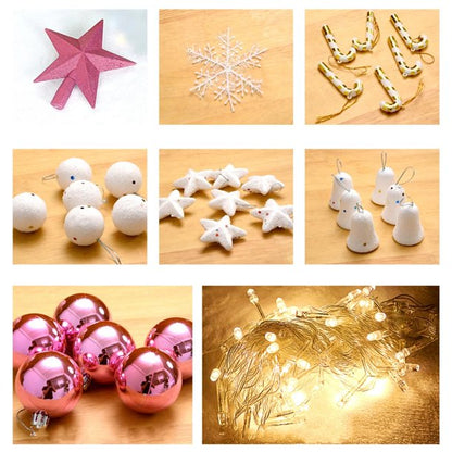 6ft Premium PVC Pink Artificial Christmas Tree with LED Lights, with Christmas Tree Ornaments and Star Topper, for Xmas Holiday Home Indoor Outdoor Decoration, Foldable Metal Stand