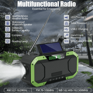 Emergency Weather Radio, 5000mAh Solar Hand Crank Radio, Bluetooth AM FM NOAA Alert Weather Radio, Bluetooth Speakers, Power Bank, Flashlight, SOS Alarm, Compass, Outdoor Camping Hiking Radio