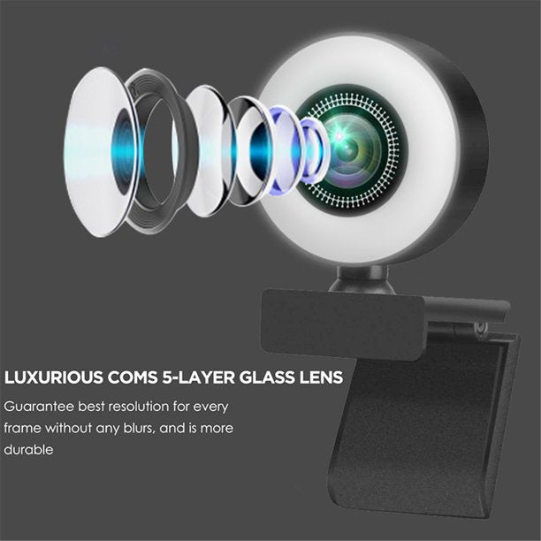 4K HD Webcam, Web Camera with Built in Mic and Adjustable Ring Light, Autofocus Webcam with Tripod for Live Streaming Gaming Video Calling Conferencing Recording, Noise Reduction & Beauty Retouch
