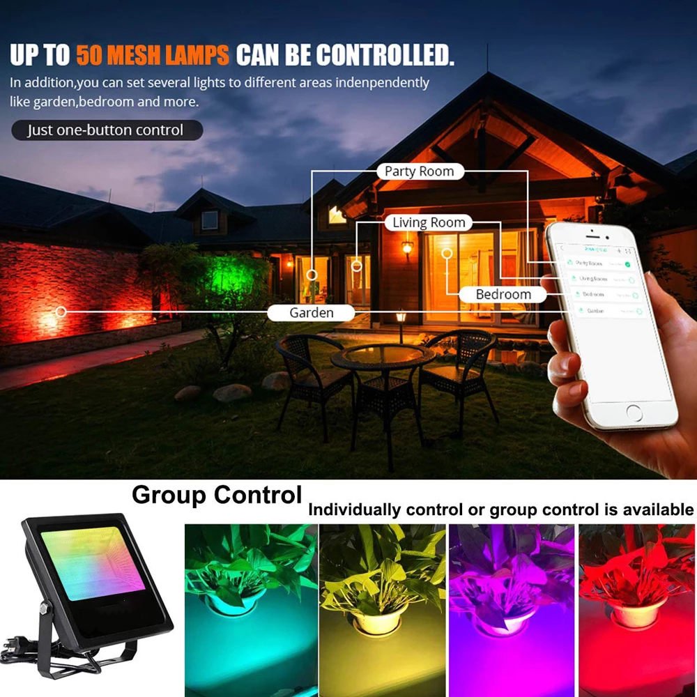 LAIGHTER Smart LED Flood Lights, 100W Equivalent, WiFi Outdoor Dimmable Color Changing Stage Light, IP66 Waterproof, Multicolor Wall Washer Light, Halloween Christmas Spotlight Strobe Light, 2 Pack