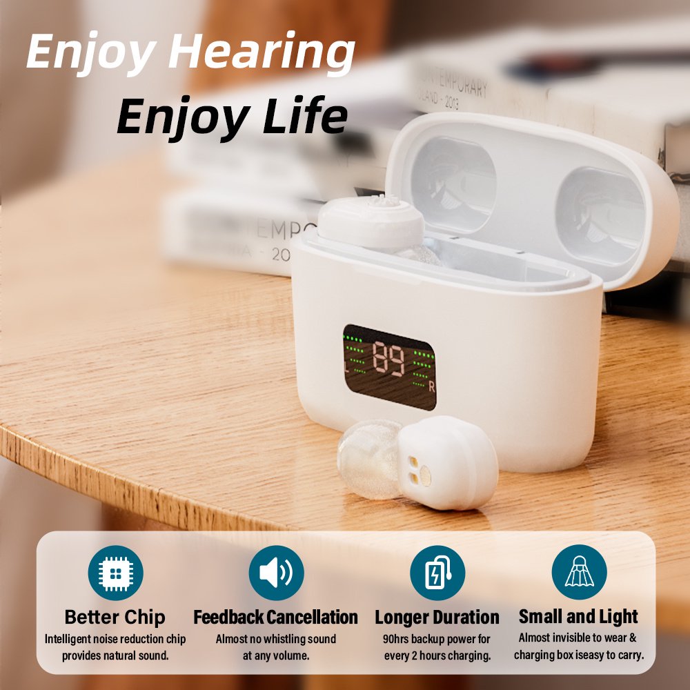 Doosl Hearing Sound Amplifiers for Ears, Power Display, Rechargeable Personal Sound Amplifiers with Portable Charging Case, Noise Cancelling, Volume Adjustable, In-Ear Amplifiers for Seniors, White