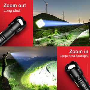 10000 Lumens Tactical Flashlight,Rechargeable Waterproof Searchlight XHP70 Super Bright Handheld Led Flashlight Tactical Flashlight 22650 Battery USB Zoom Torch for Emergency Hiking Hunting Camping