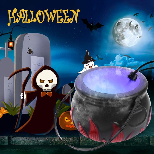 Halloween Smoke Machine with 12 LED Color Changing Cauldron Shape Witch Pot with Mist Maker Fogger Holiday Party Witch Jar Decoration Prop