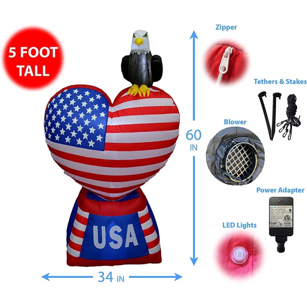 6 FT Patriotic Independence Day 4th of July Inflatable Love Heart with LED Lights American Flag and Eagle for Outdoor Indoor Lawn Yard Holiday Decoration Blow up Home Garden Decor