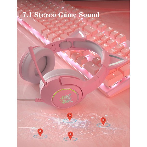 Pink Gaming Headsets with Removable Cat Ears, Compatible with PC PS4 PS5 Xbox One Mobile Phones,Gaming Headphones with Surround Sound, RGB Backlight & Noise Canceling Retractable Microphone