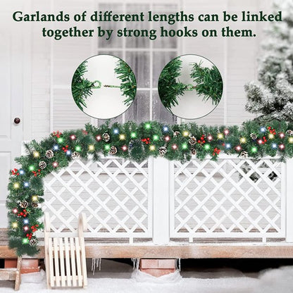 Melliful 9 ft Artificial Christmas Garland with Red Berries and White Pine Cones, Outdoor Christmas Garland Greenery Pine Garland, Mantle Garland Xmas Holiday Indoor
