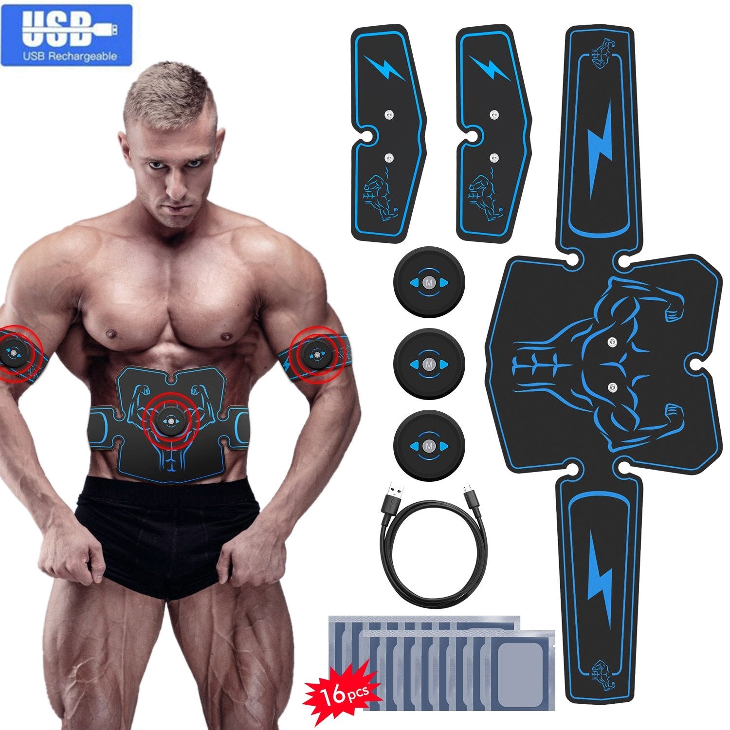ABS Stimulator Recharge Muscle with 16 Extra Gel Pads, Abdominal, Arm Leg Back Hip Muscle EMS Trainer Smart Body Building Fitness for Men Women Abdominal Work Out Power Fitness Equipment Portable