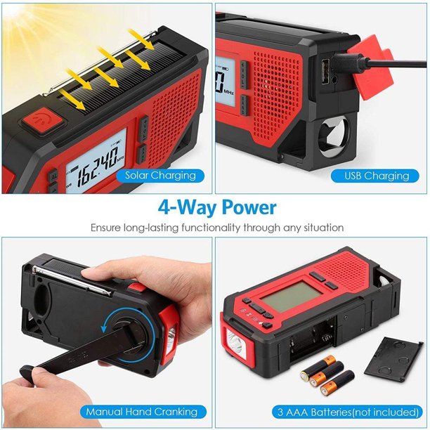 Solar Radio, Emergency Broadcast Weather Alarm Broadcast Hand Crank Radio AM/FM/NOAA Home And Antenna Weather Broadcast, LED Flashlight 2000mAh Portable Radio